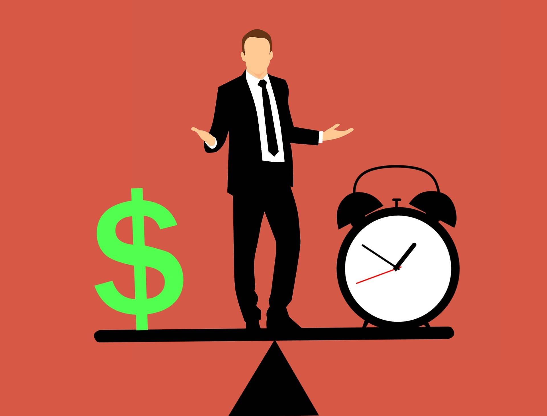 illustration of a man standing on a scale with a dollar sign and a clock