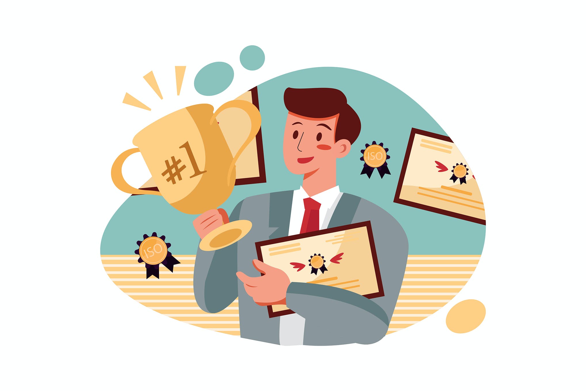 man holding trophy and certificates of business success