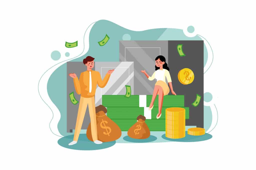 Illustration of two business people at a telecom company surrounded by money, Invoice Factoring vs. Bank Loan
