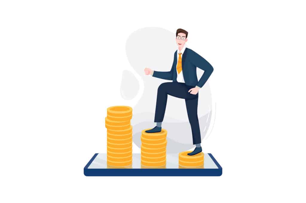 Illustration of a businessman climbing a stack of coins on top of a display screen, invoice factoring vs. bank loans