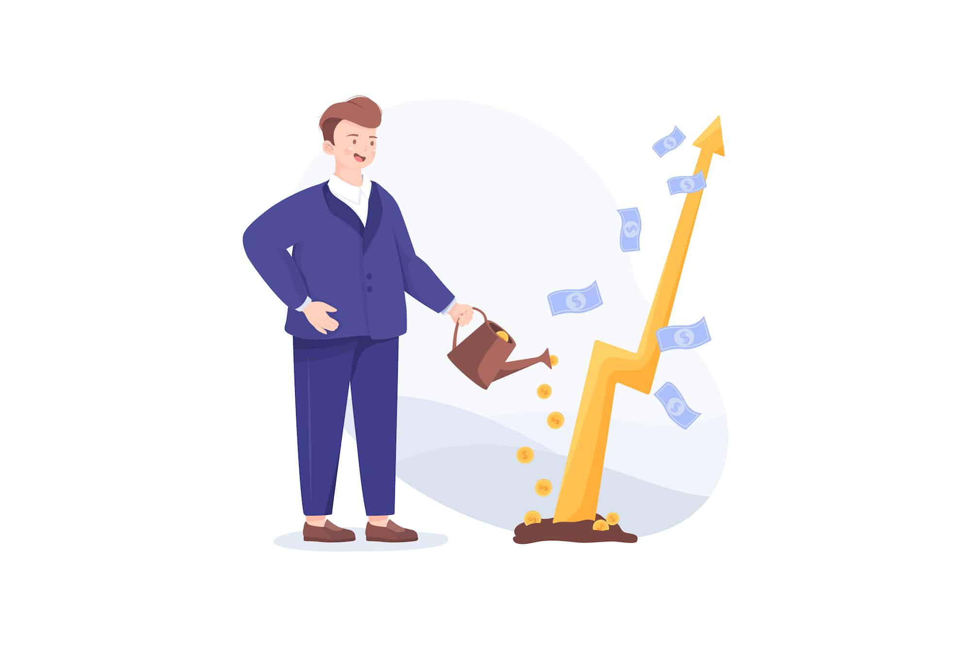 Illustration of a businessman watering the ground with coins and a growth arrow springing up, surrounded by cash