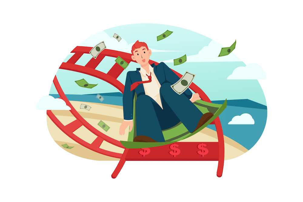 Illustration of a man on a money rollercoaster with loose bills