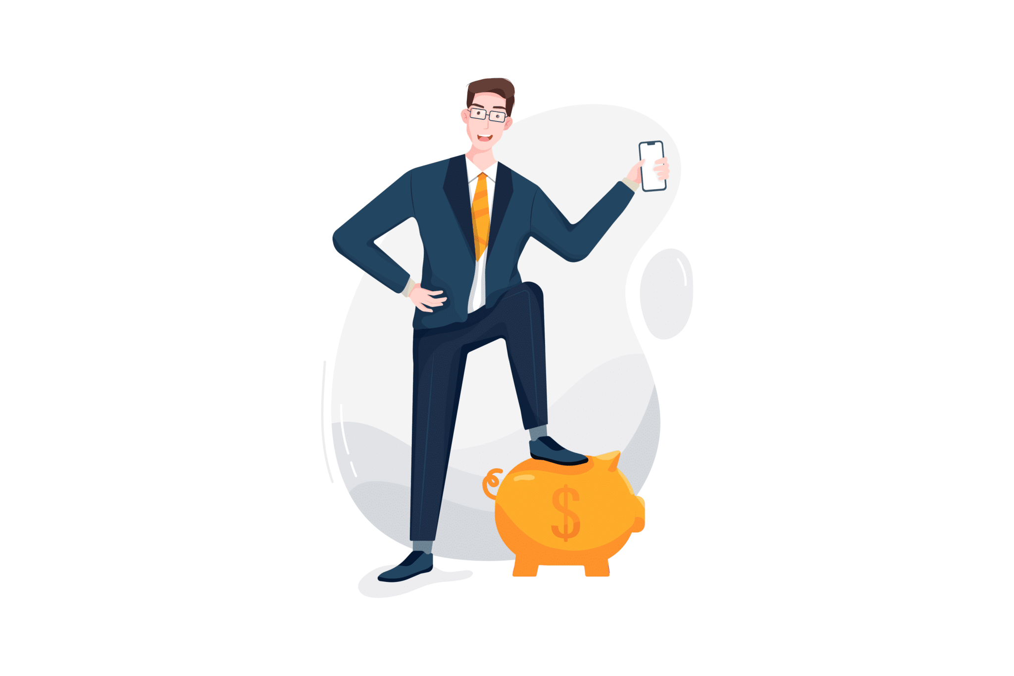 Illustration of man holding a cell phone with one foot on top of a piggy bank.