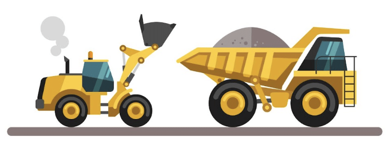 Illustrations of heavy equipment, a bulldozer and a dump truck.