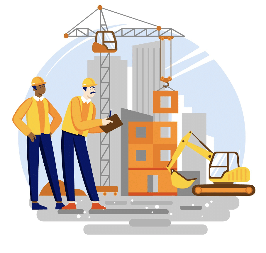 Illustration of two construction workers in front of large construction equipment
