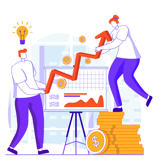 A graphic of two people in front of a graph showing financial growth