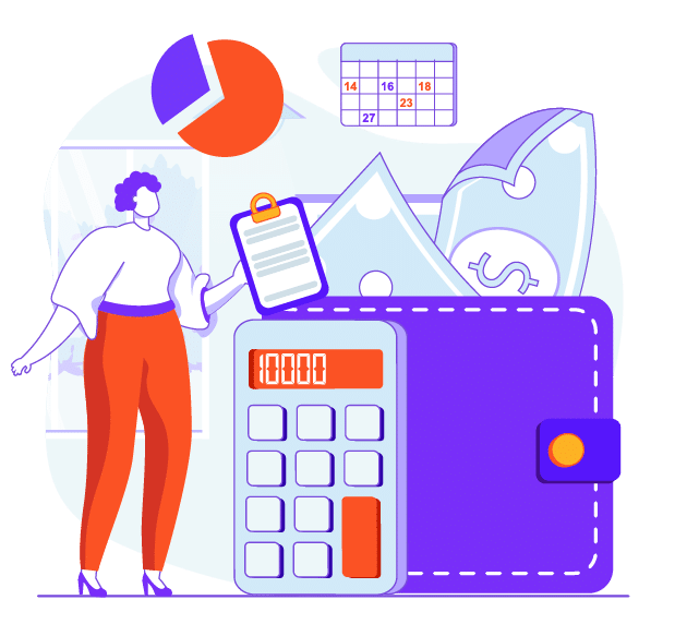 Illustration of a person analyzing a financial calendar and cash flow with calculator and wallet imagery.