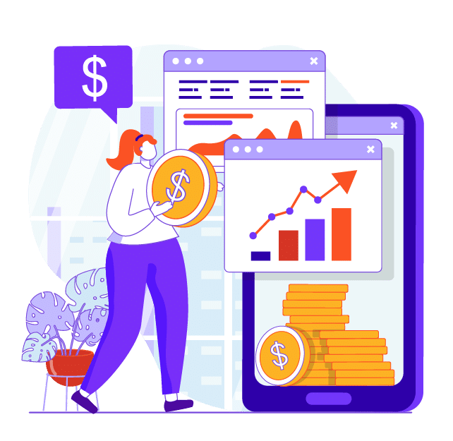 Digital illustration of a businesswoman examining a coin symbol, with financial growth charts on digital devices.