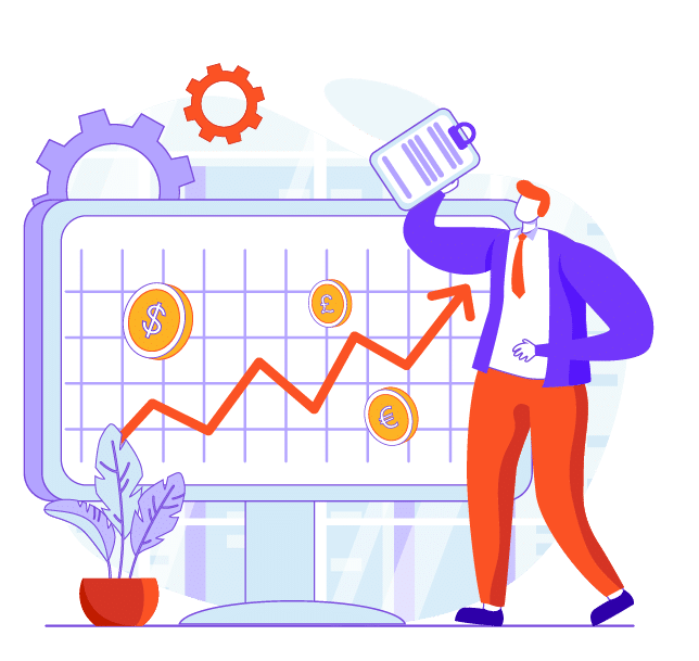 Graphic of a businessman with a clipboard overseeing a financial chart with currency symbols.
