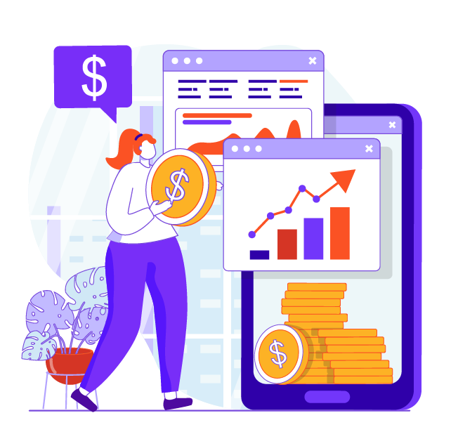 An illustration showing a figure holding a coin, standing beside a mobile device displaying bar graphs, representing financial analytics and tracking. The backdrop includes financial symbols.