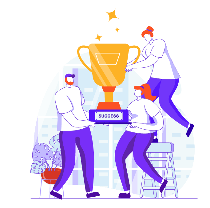 Two people lifting a trophy together, while a third person climbs a ladder to join in the celebration.